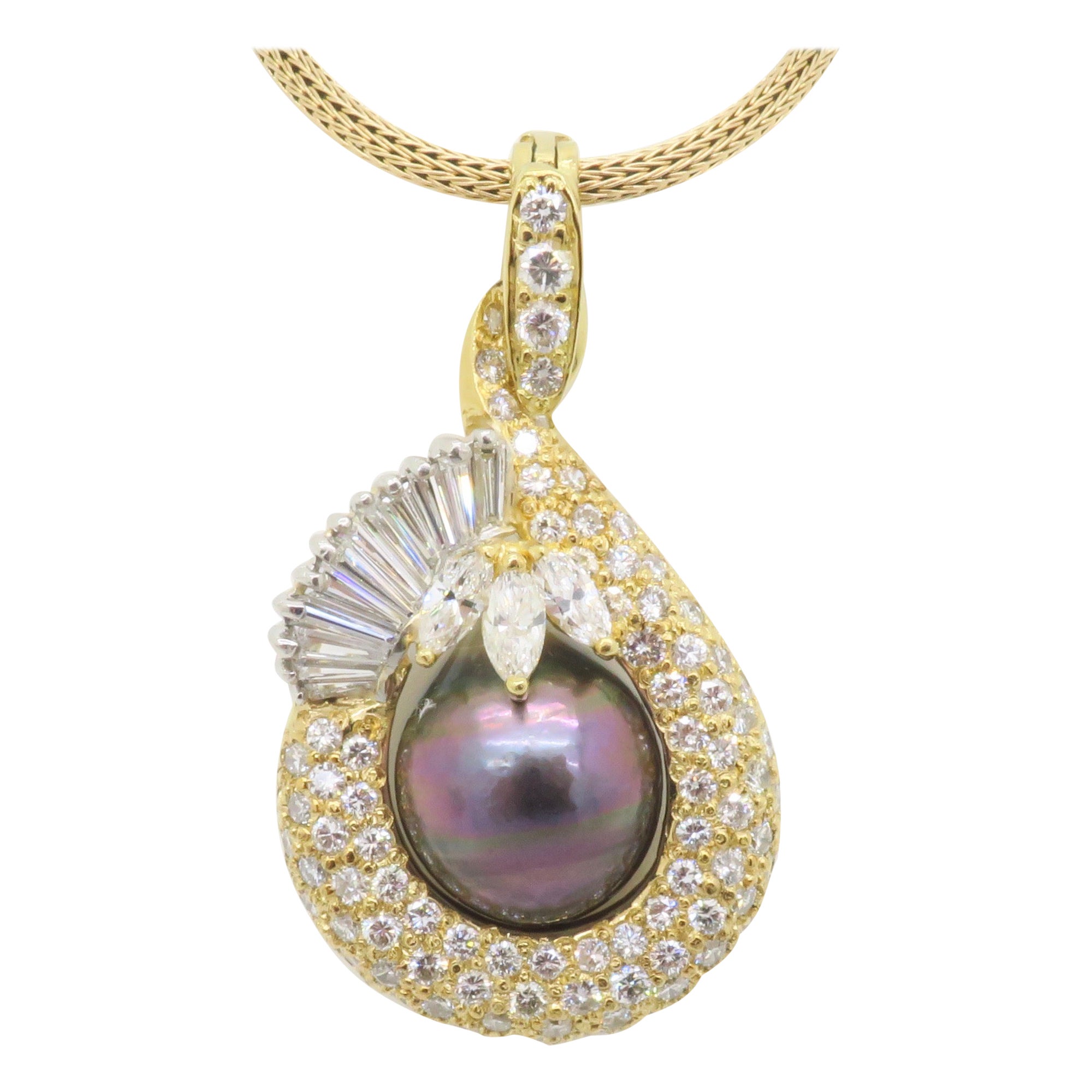 Tahitian Pearl & 4.22CTW Diamond Pendant Necklace For Sale