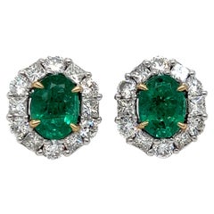 3.60 Carat Oval Cut Emerald and Diamond Two Tone Gold Stud Earrings