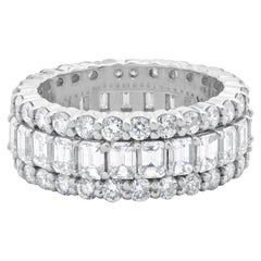 14 Karat White Gold Round and Emerald Cut Three Row Diamond Cigar Band