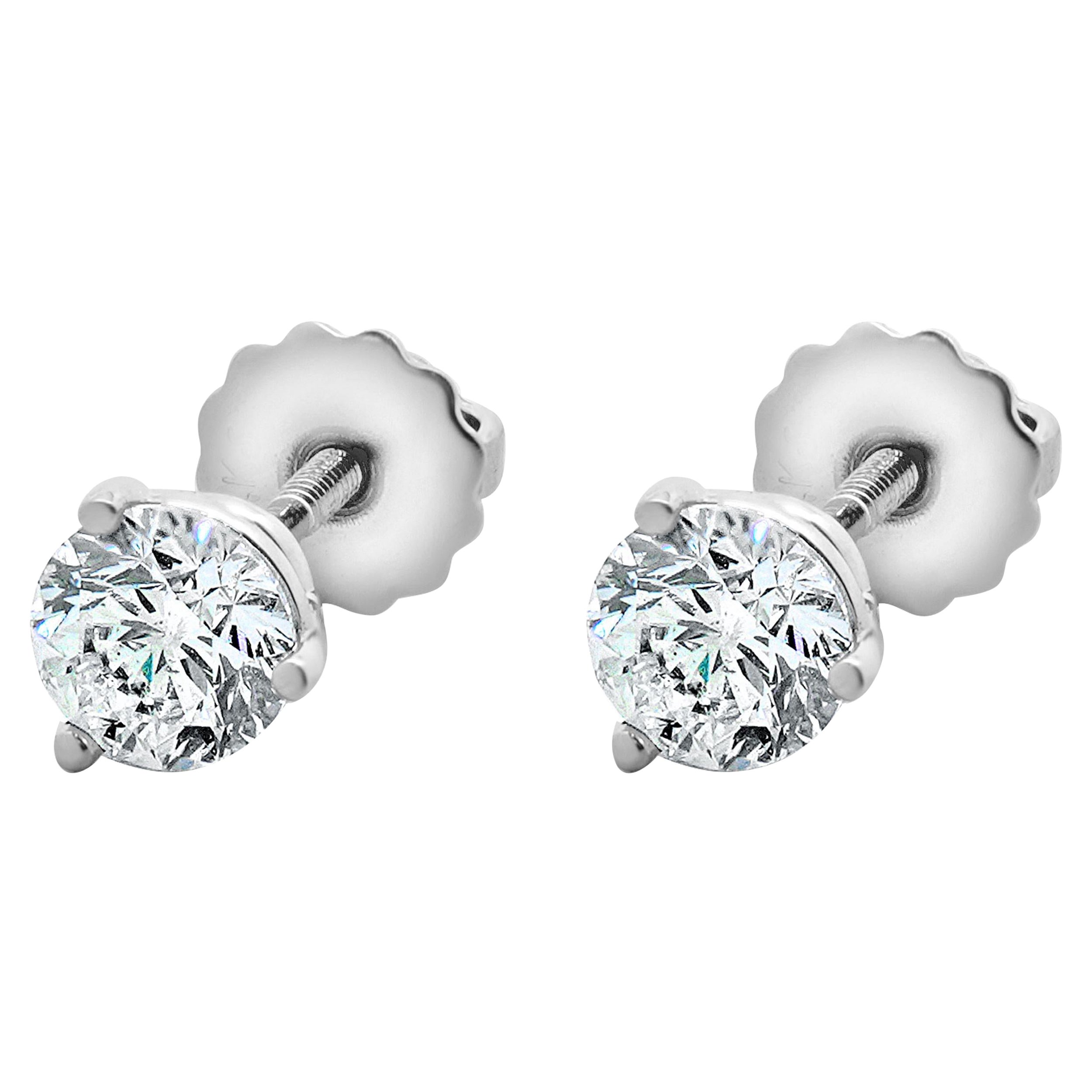 14 Karat White Gold Round Brilliant Cut Diamond Stud Earrings For Sale