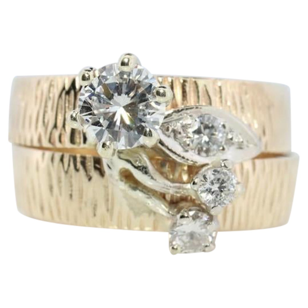 14k Diamond Ring set. Wedding set. Textured Engagement set. Bridal ring set.