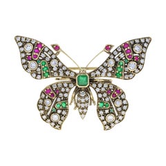 Multi Gemstones Vintage Style Butterfly Brooch in 18K Oxidize Yellow Gold