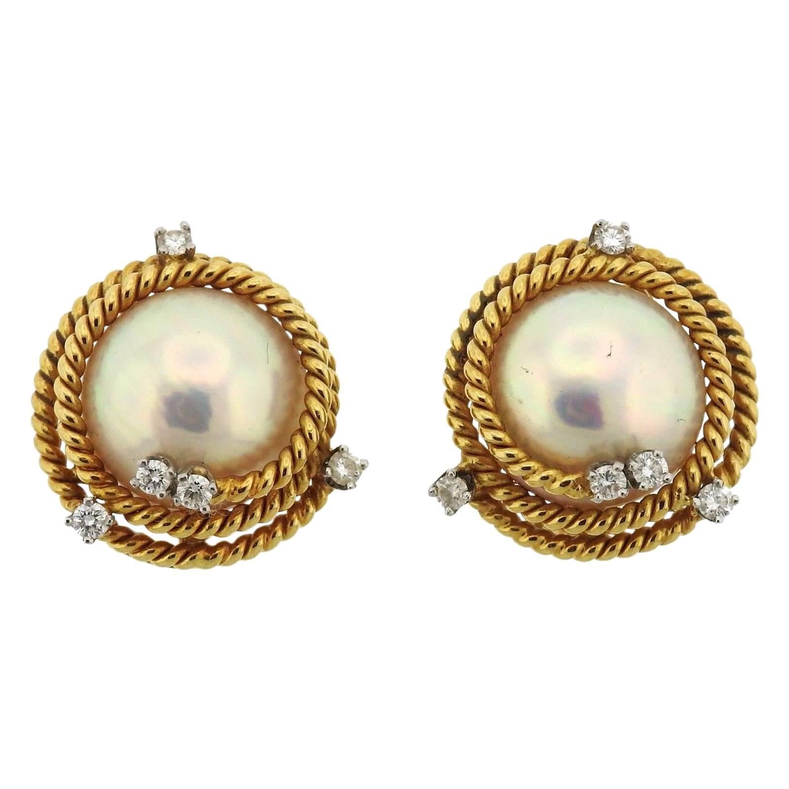 Tiffany & Co. Schlumberger Pearl Diamond Rope Gold Earrings