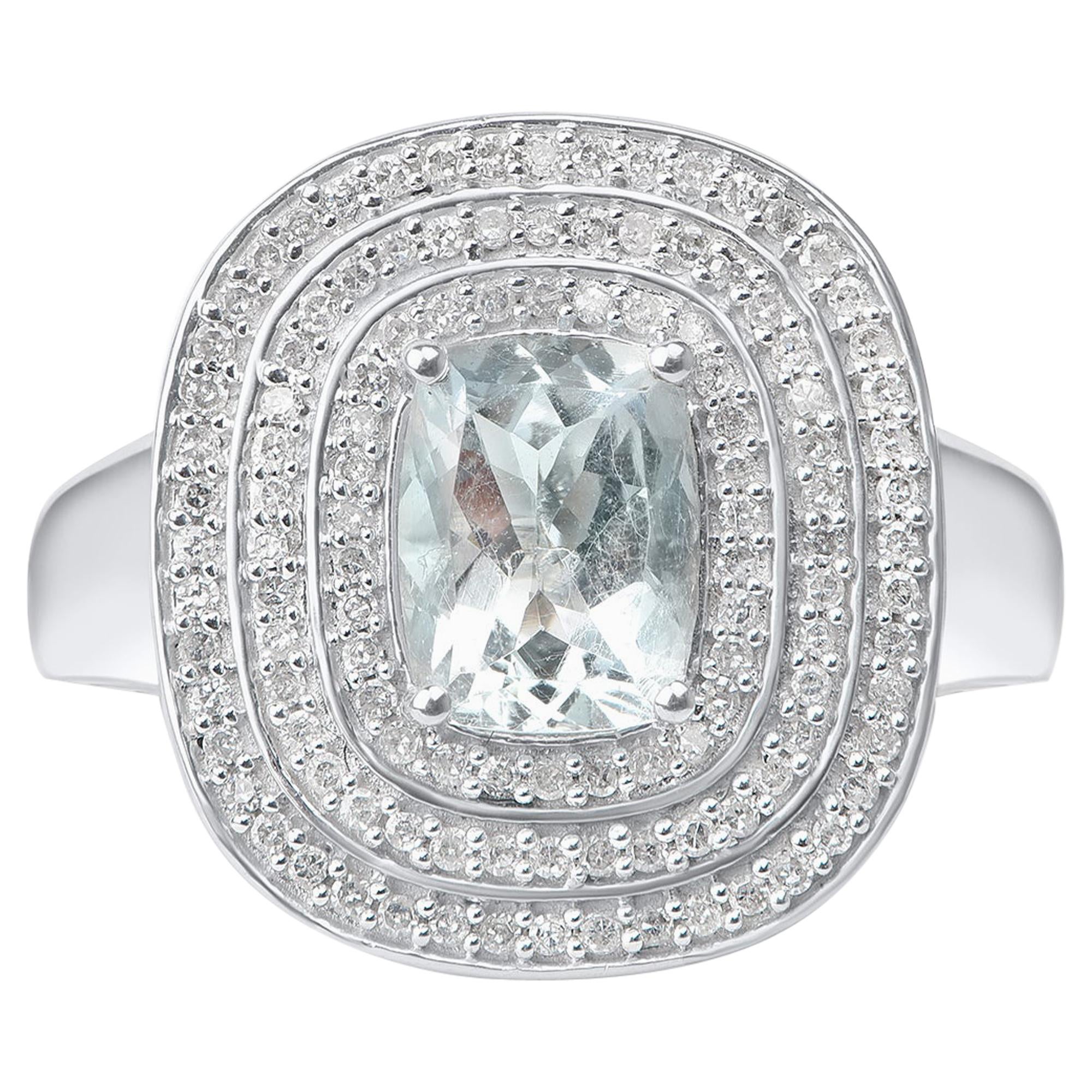 TJD 0,35 Karat Diamant und 8 X 6 MM Aquamarin im Kissenschliff 14KT Weißgold Ring