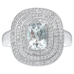 TJD 0,35 Karat Diamant und 8 X 6 MM Aquamarin im Kissenschliff 14KT Weißgold Ring