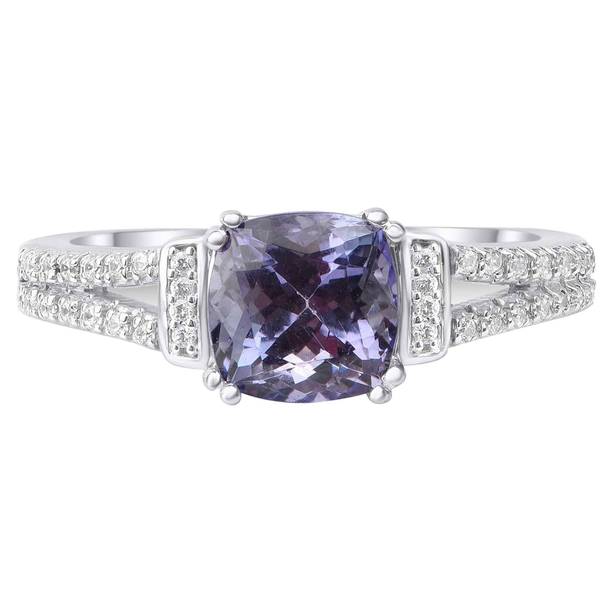 TJD 0.12 Carat Diamond & 7 MM Natural Tanzanite 14KT White Gold Engagement Ring