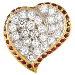 18K Yellow Gold 3.0ct Diamond and Ruby Heart Brooch