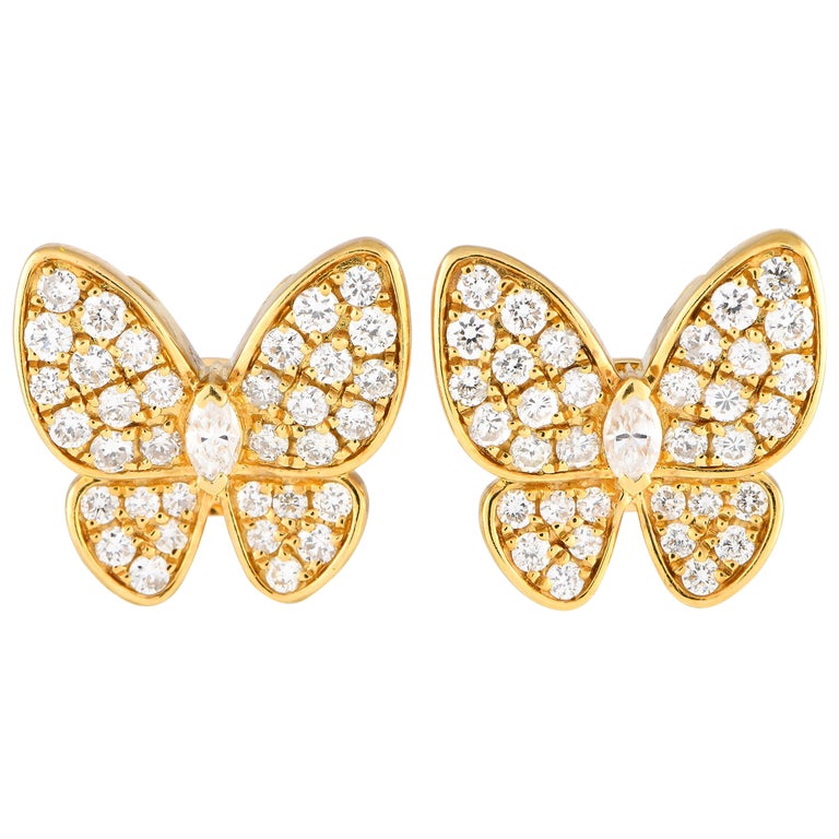 18K Yellow Gold 1.33ct Diamond Butterfly Earrings For Sale at 1stDibs