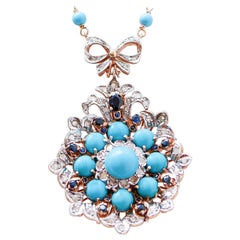 Magnesite, Turquoise, Sapphires, Diamonds, Rose Gold and Silver Pendant Necklace