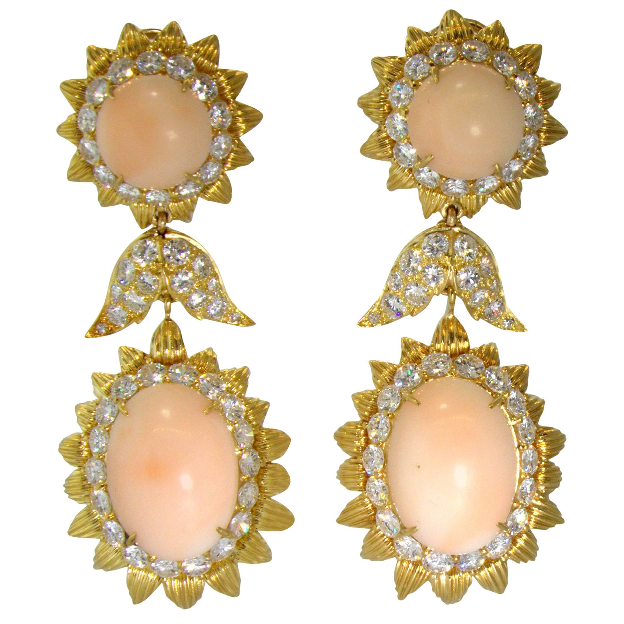 1960s Long Coral Diamond Gold Earrings