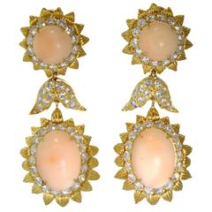 1960s Long Coral Diamond Gold Earrings 4