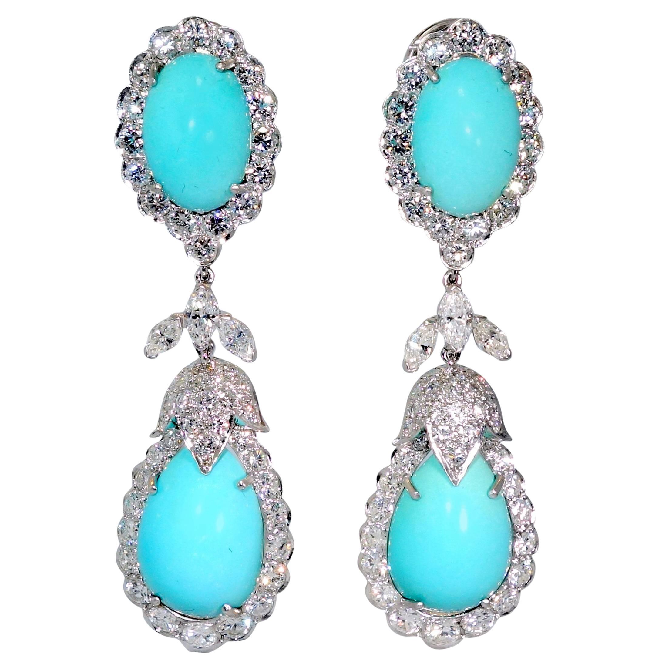 1960s Persian Turquoise Diamond Platinum Long Earrings