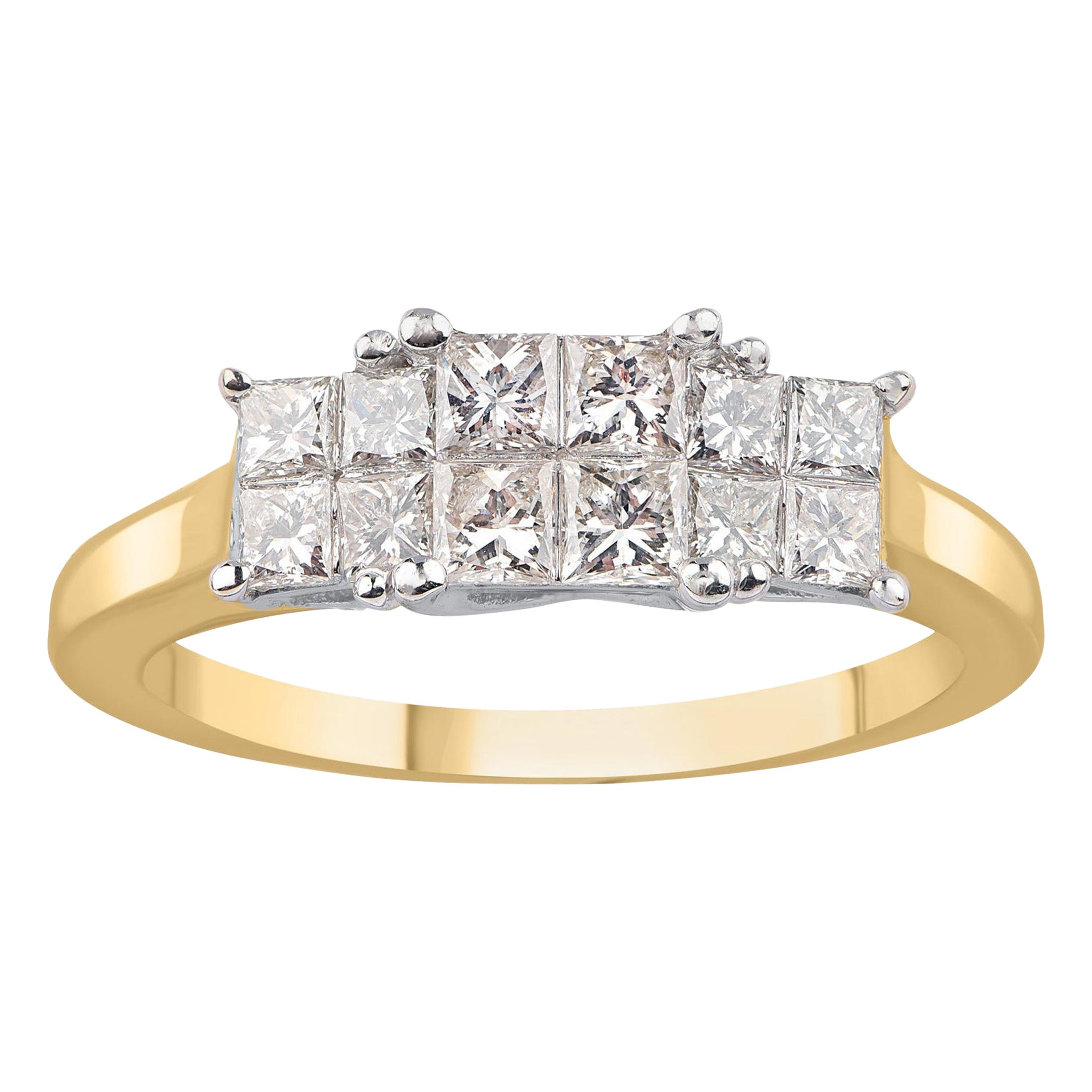 TJD 1,0 carat Princesse diamant en or jaune 18 carats, bague de mariage à deux rangs