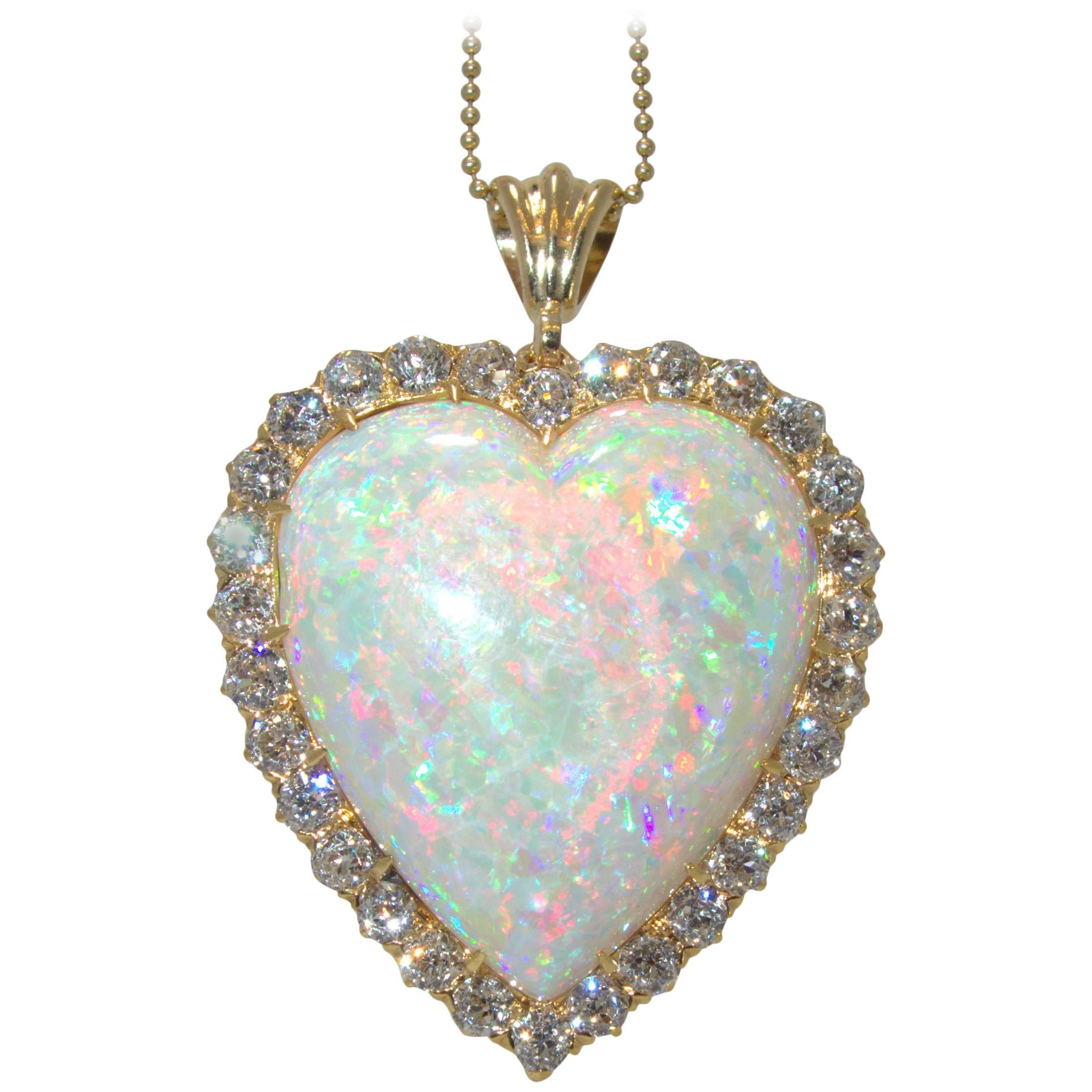 30 Carat Opal Diamond Gold Heart Pendant