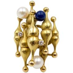 1970s Italian Lapis Pearl Diamond Gold Ali Baba Ring 7