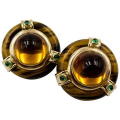 Vintage 1980s Chic Tiger's Eye Citrine Emerald Gold Earclips