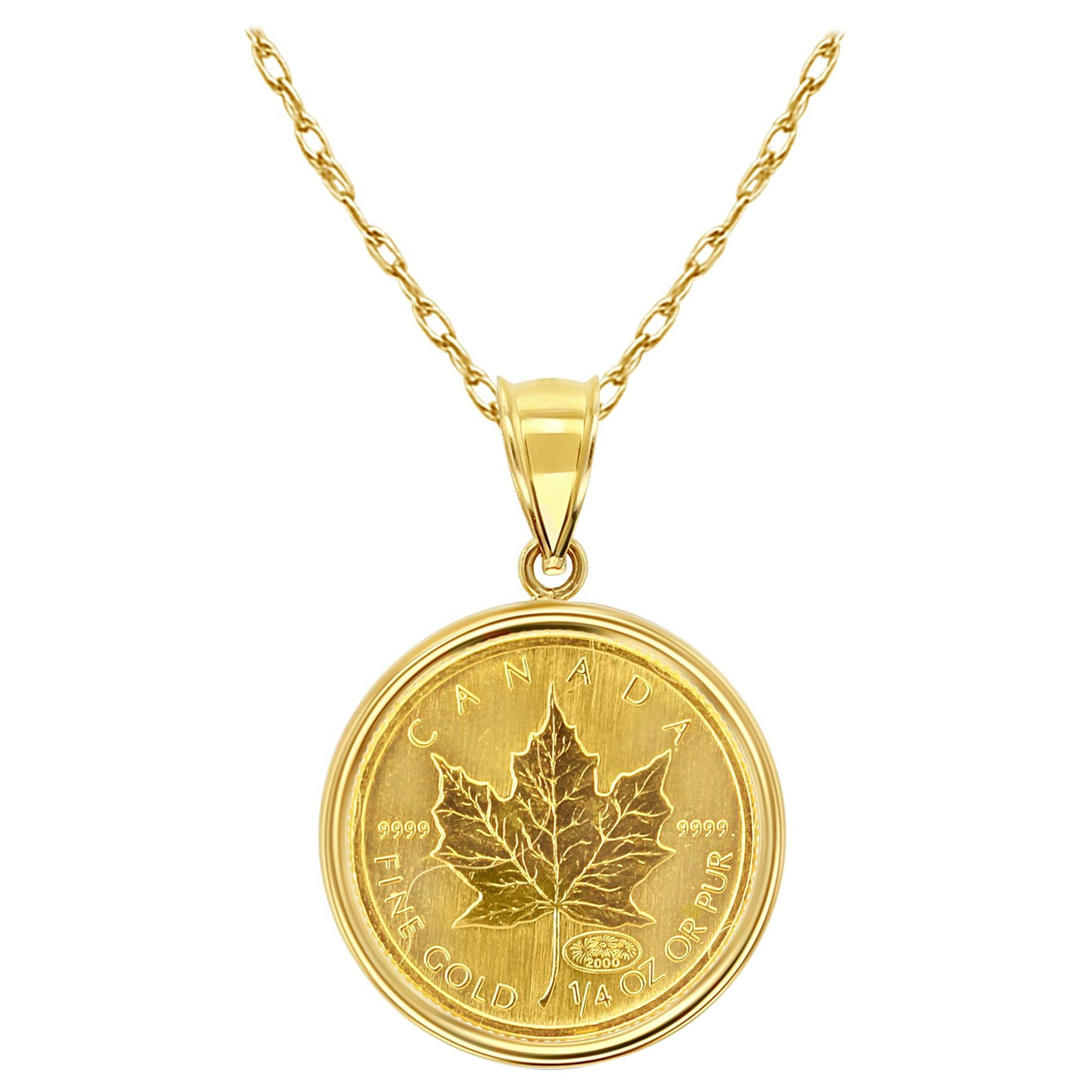 1/4OZ Fine Gold Canadian Maple Leaf Coin Necklace with Polished Bezel