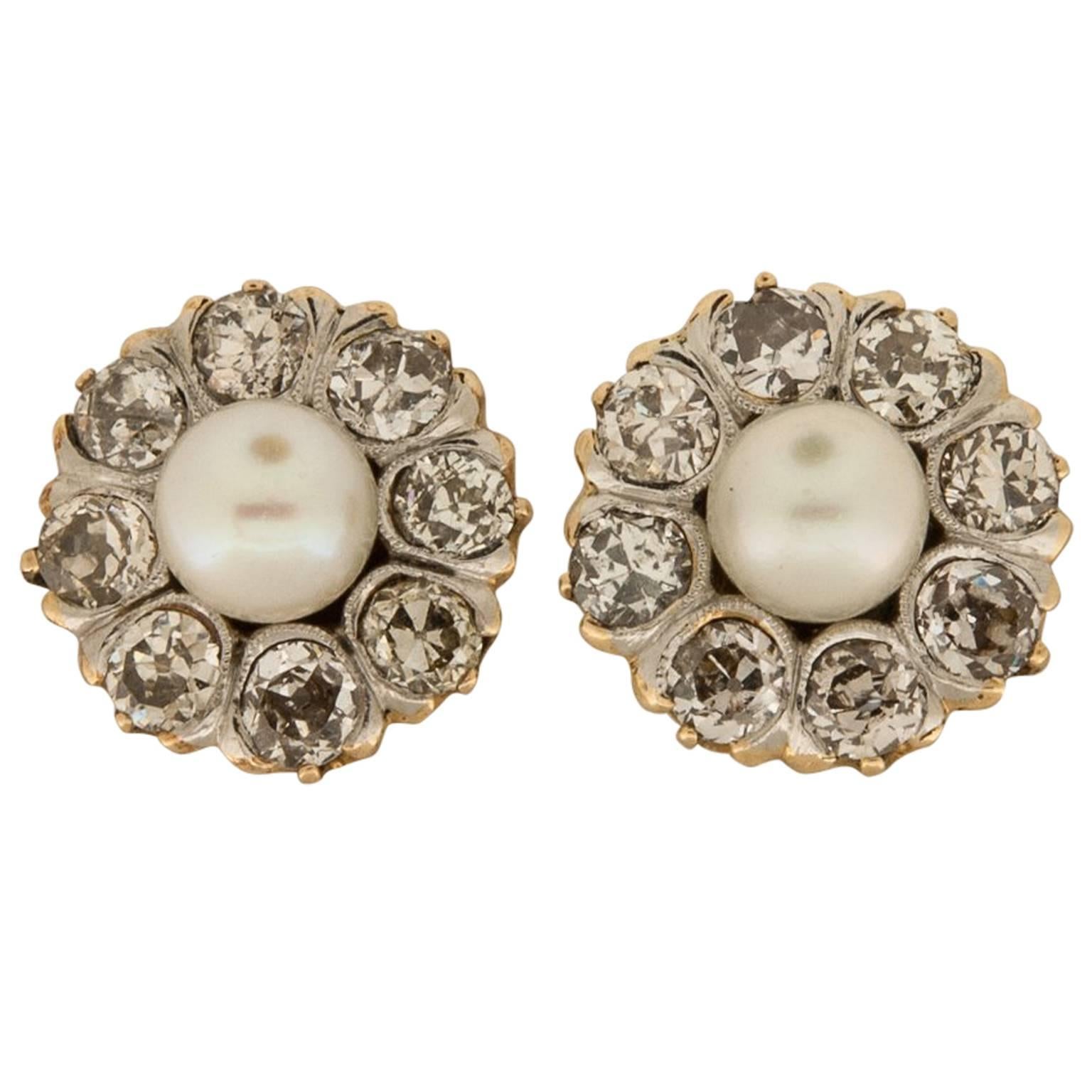 Pearl and Old European Cut Diamond Earrings in Platinum over Gold For Sale