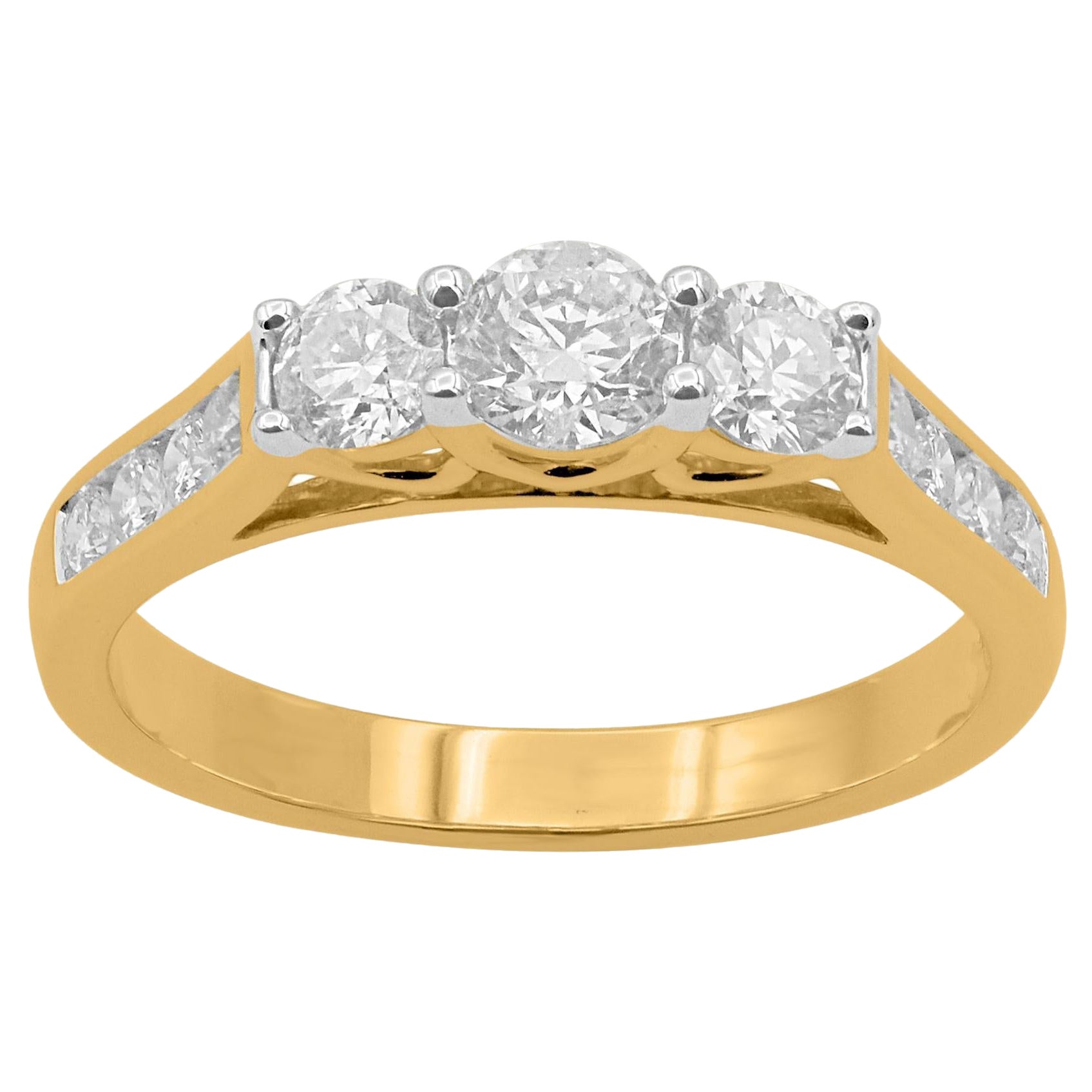 TJD Alianza de boda de tres piedras con diamantes talla brillante de 1,0 quilates y oro amarillo de 14 quilates