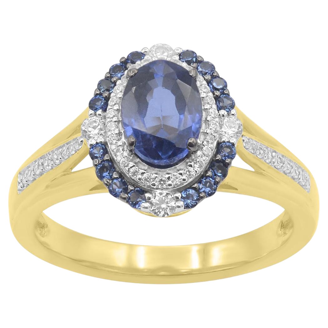 TJD Anillo halo de oro amarillo de 14 quilates con diamante de 0,20 quilates y zafiro azul de 1,22 quilates