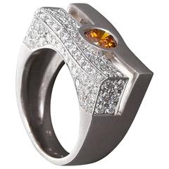Fancy Deep Yellowish Diamond in Modern Wave Gold Ring GIA Certified 0.60 Carat 7