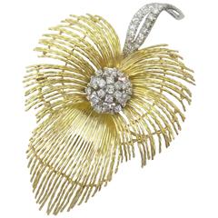 1960s Italian Diamond Gold Feather Brooch