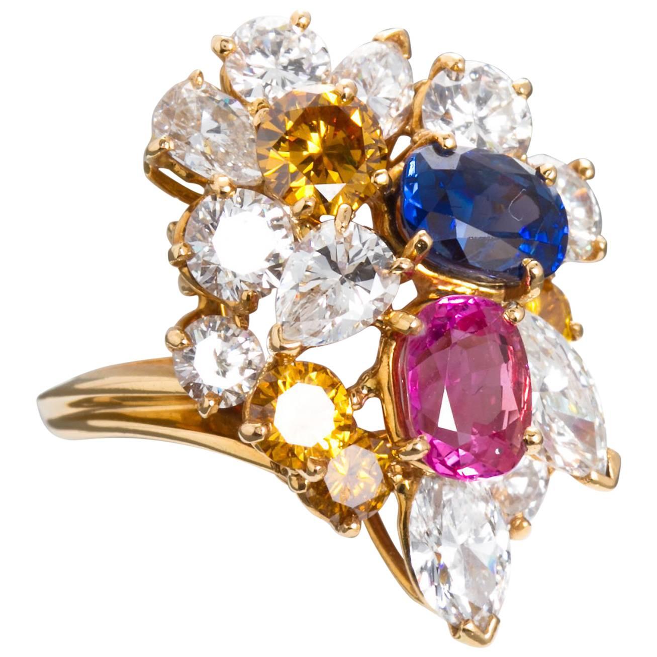 1968 Oscar Heyman Blue Pink Sapphire Diamond Gold Freeform Cluster Ring