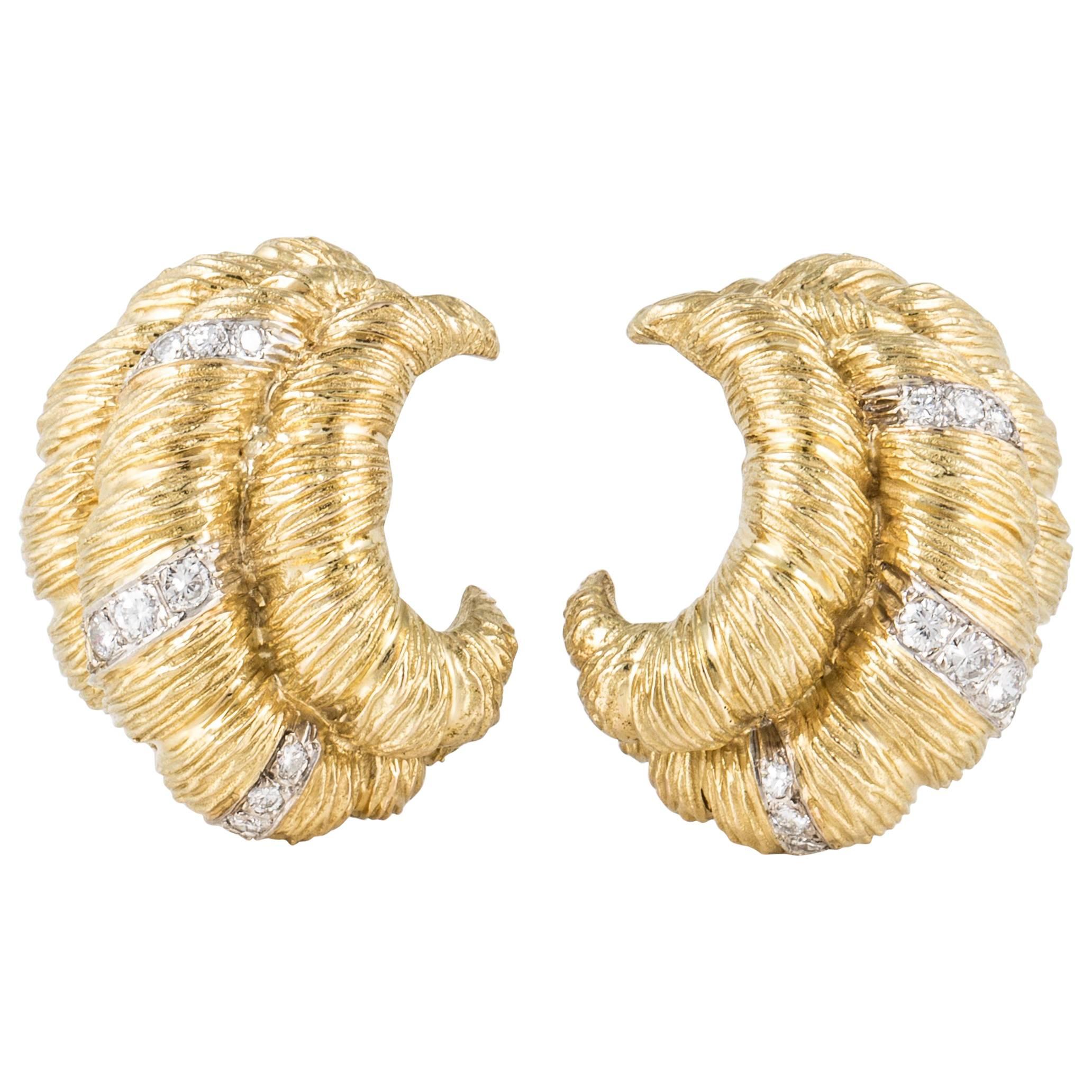 18K Textured Yellow Gold Earrings with Diamonds For Sale