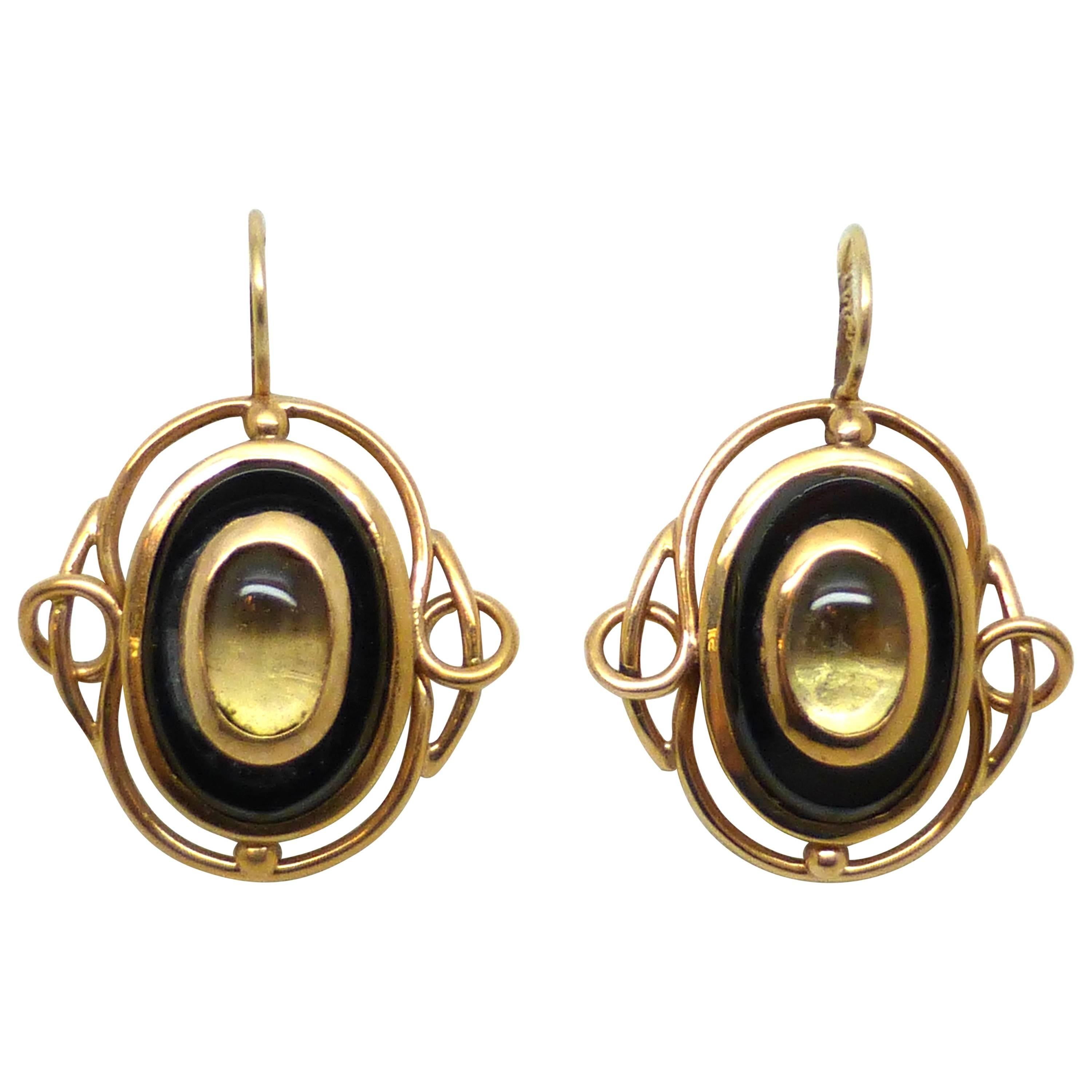 Pair of Late Georgian Onyx Moonstone Gold Earrings