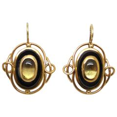 Antique Pair of Late Georgian Onyx Moonstone Gold Earrings