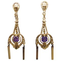 Pair of Art Nouveau/Victorian Gold and Amethyst Hanging Earrings 12