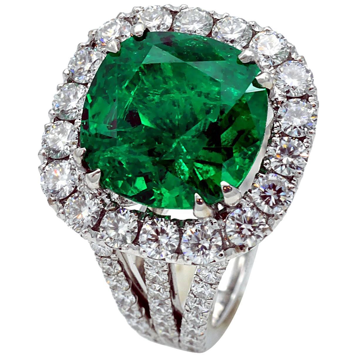 CGL Certified 9.37 Carat Colombian Emerald Diamond Ring