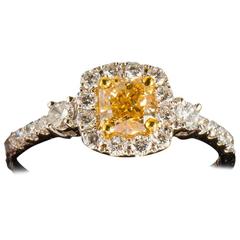 Cushion Cut Fancy Yellow Diamond Gold Cluster Ring