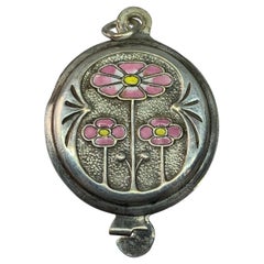 Enamel Poppy Flower Locket Pendant Necklace Art Nouveau Jugendstil Silver 1900