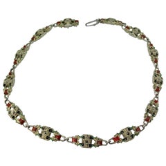 Art Deco Emaille Marcasite Silber Halskette Kette Selten 1920 Rot Grün Schwarz Emaille