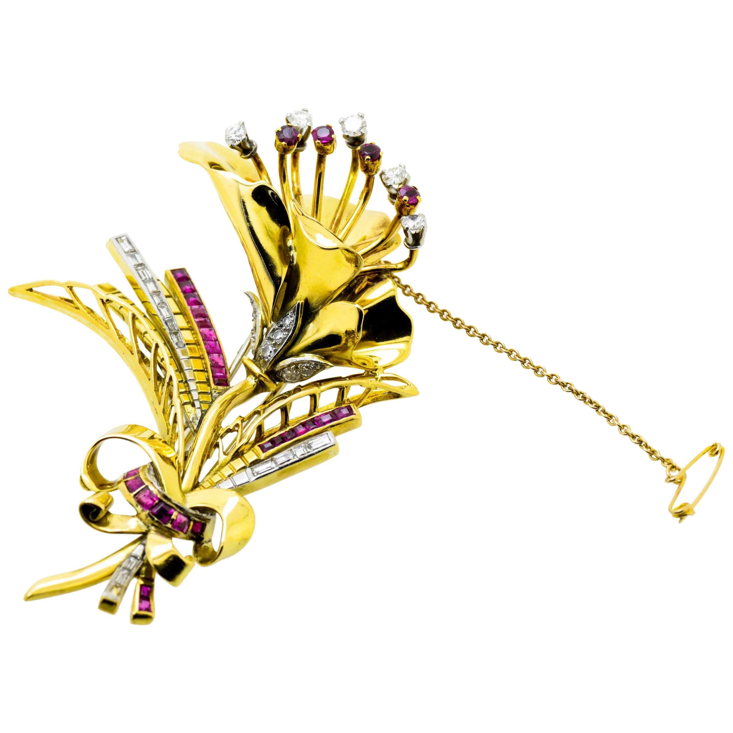Ruby & Diamond Gold Floral Brooch For Sale