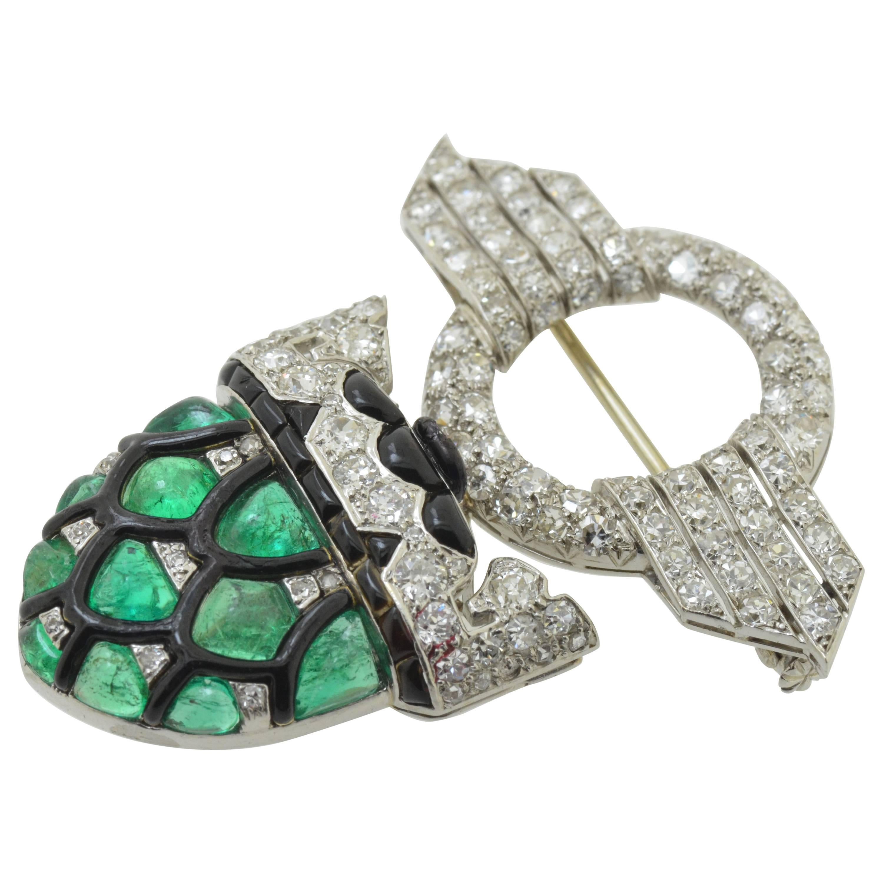 Emerald Diamond Enamel Gold & Platinum Brooch For Sale