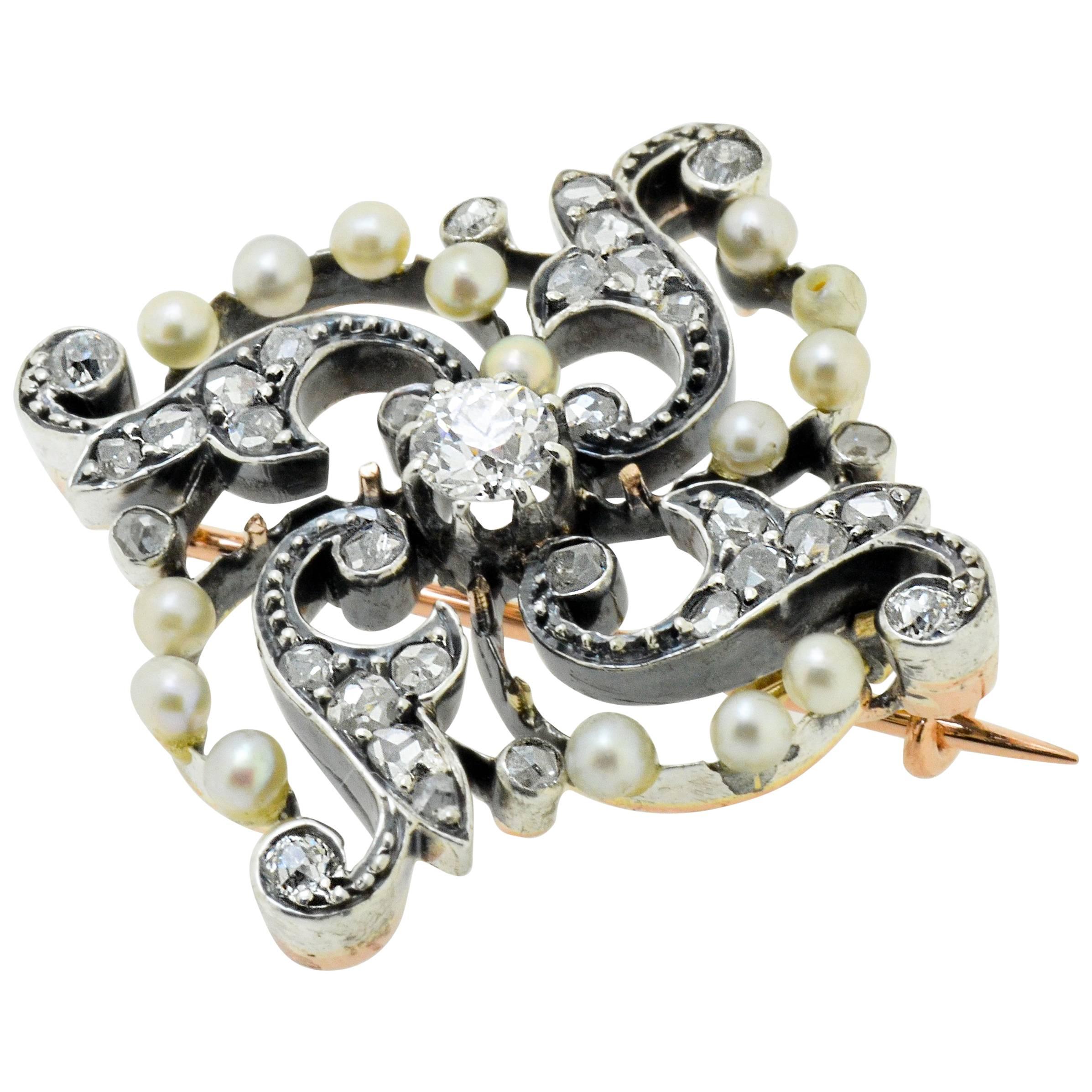Pearl & Diamond Silver & Gold Brooch For Sale
