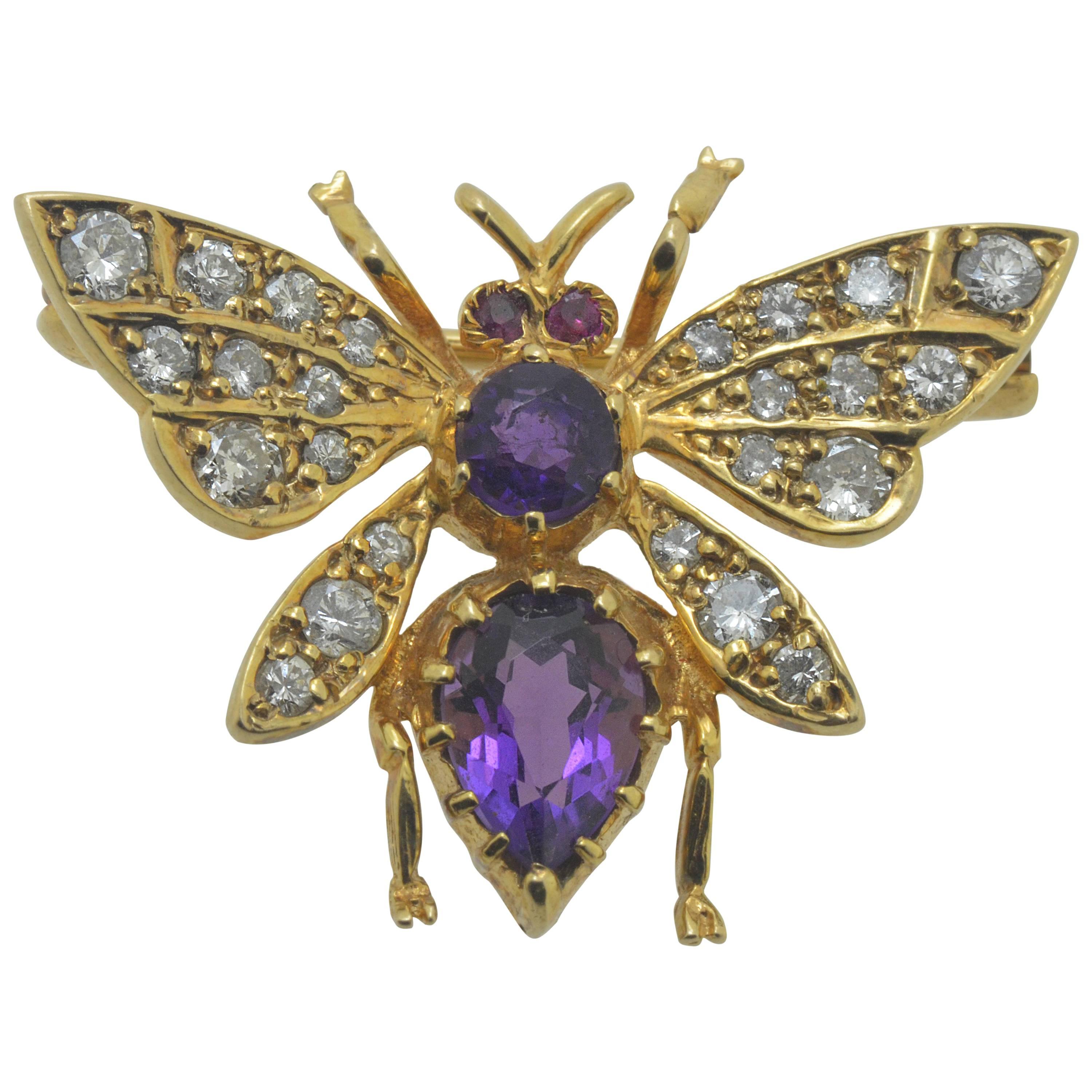 Yellow Gold Diamond Ruby & Amethyst Insect Brooch For Sale