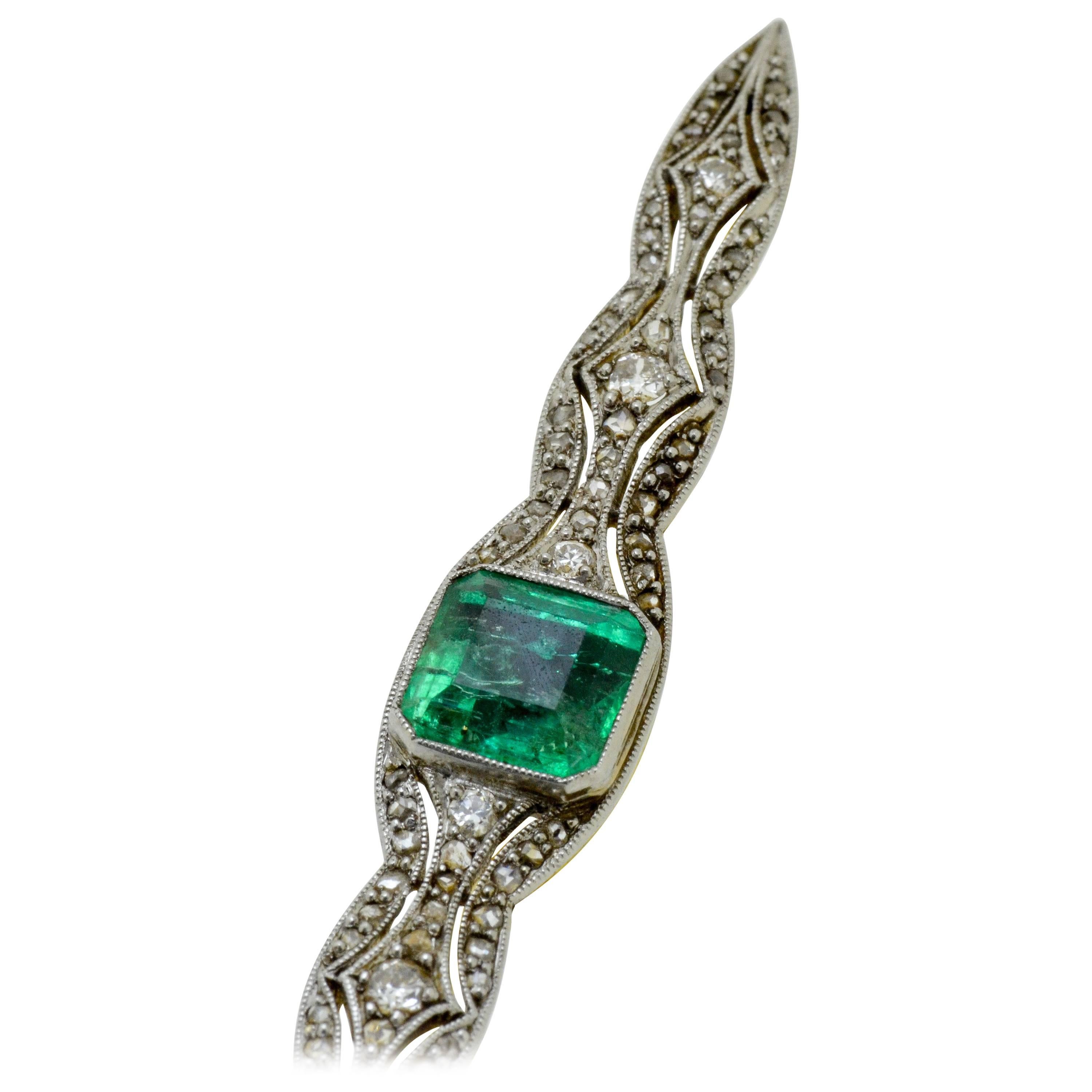 Emerald & Diamond Gold Brooch For Sale