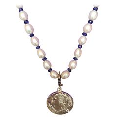 Sterling Silver Lady with her City Crown Pendant on Pearl Sapphire Necklace