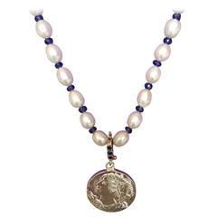 Sterling Silver Lady with her City Crown Pendant on Pearl Sapphire Necklace 4