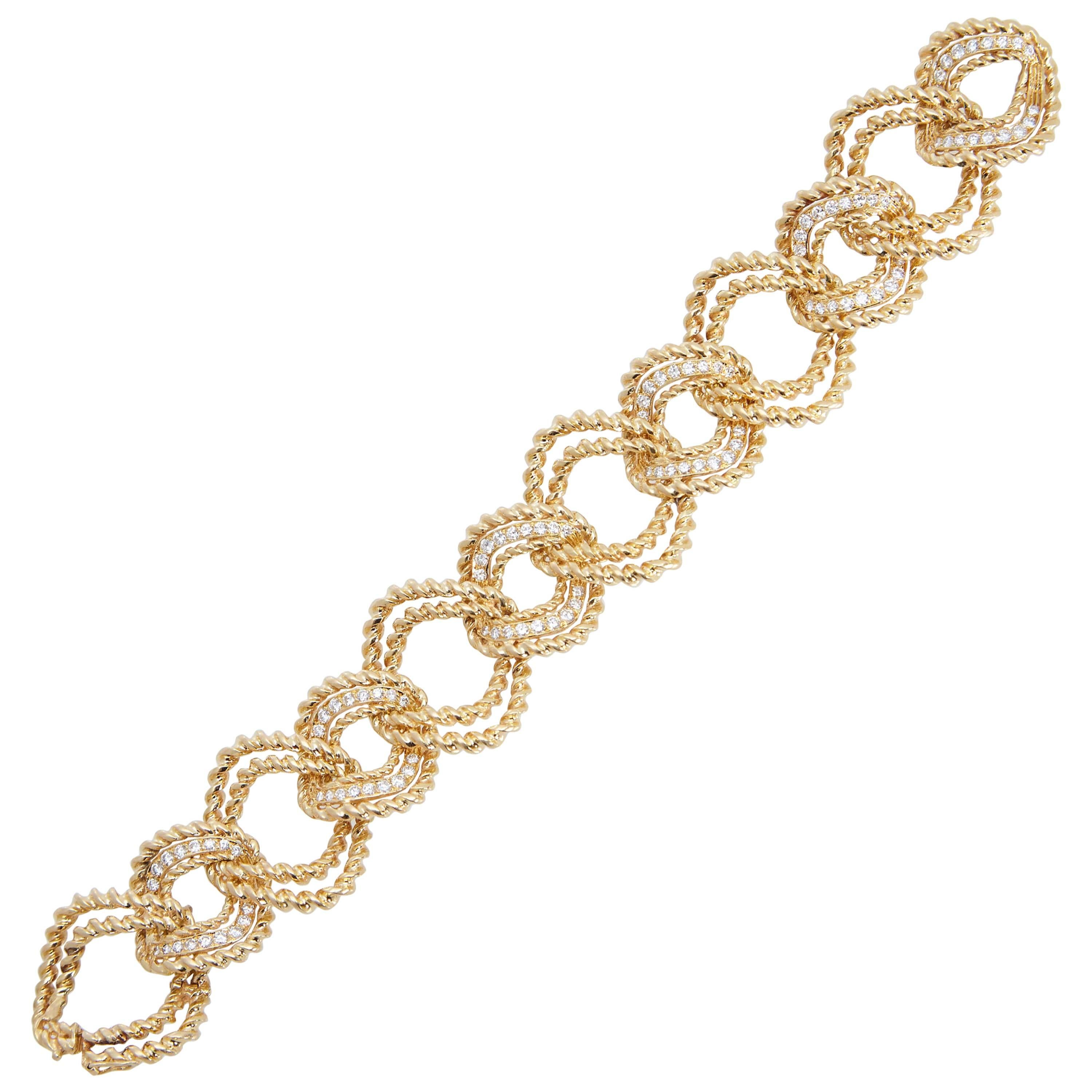 Van Cleef & Arpels Textured Gold  Diamond Link Bracelet For Sale