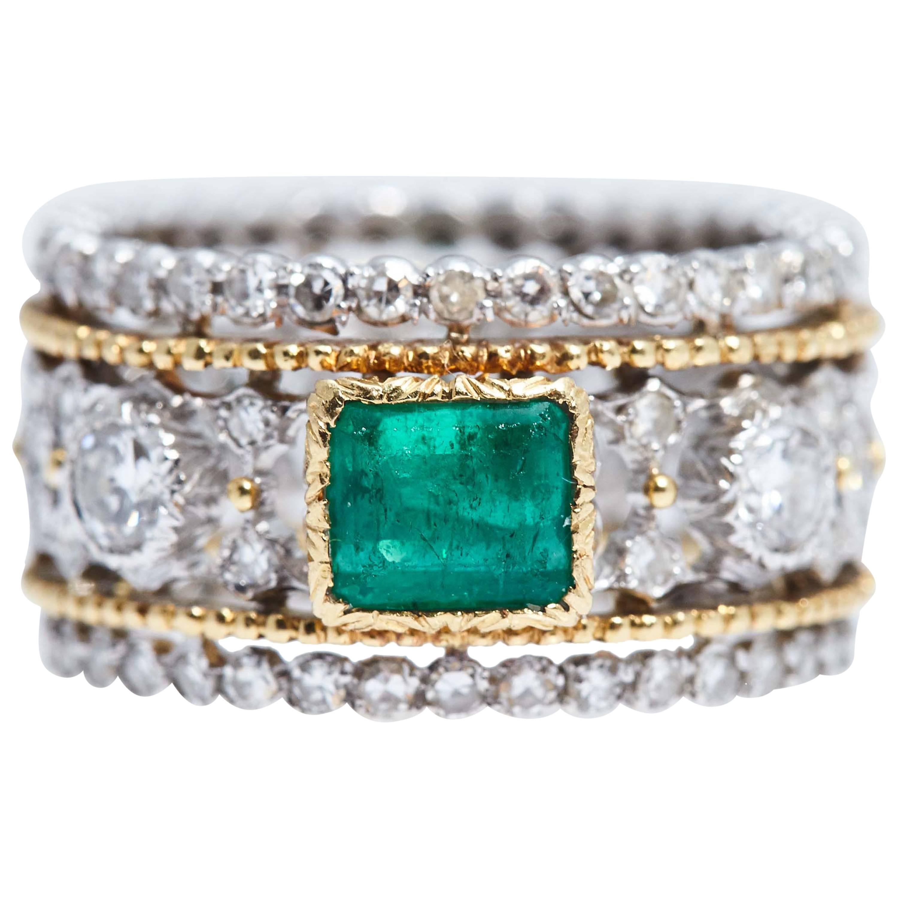 Buccellati Emerald Diamond Gold Silver Ring For Sale