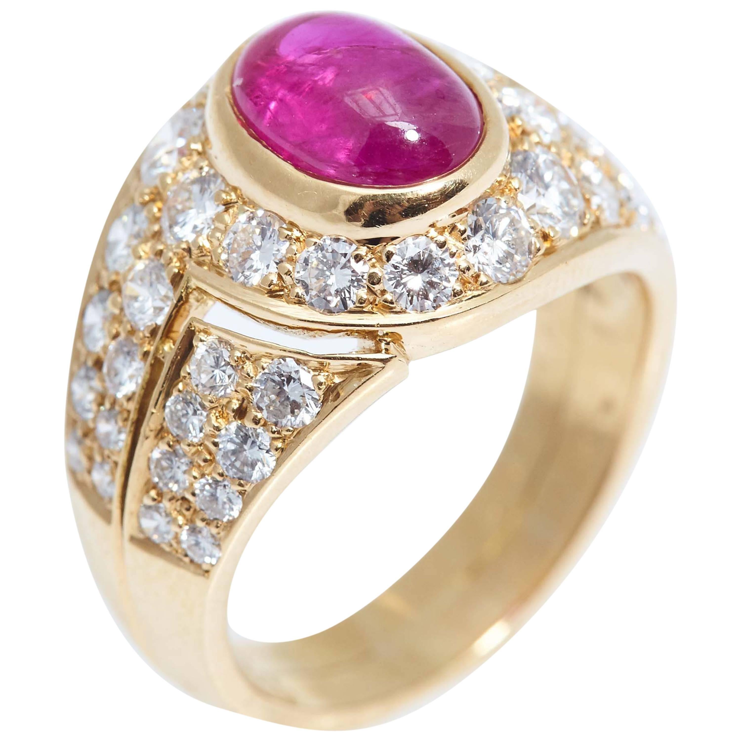 Bulgari Cabochon Burma Ruby Diamond Gold Ring For Sale