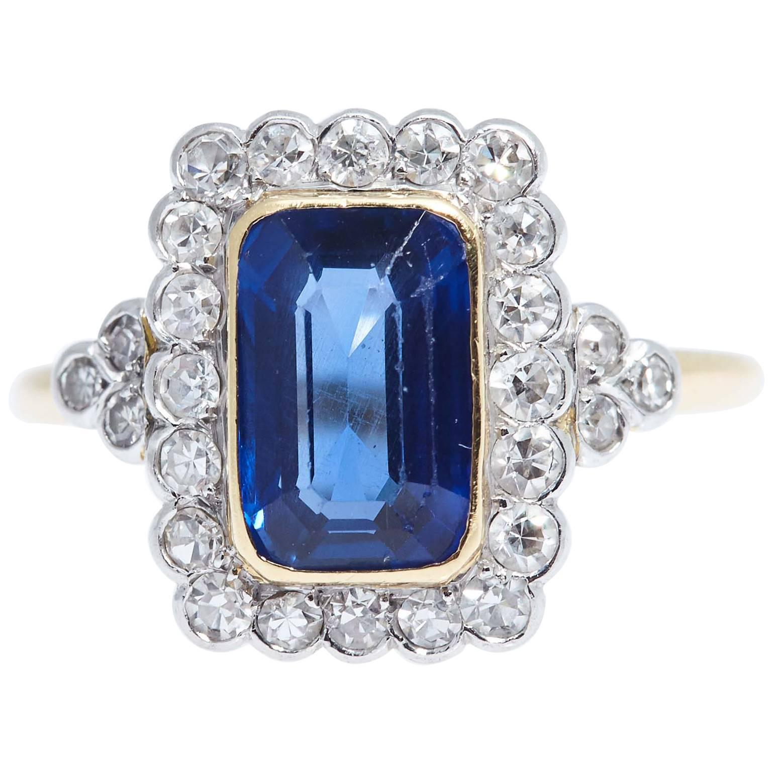 Burma Emerald Cut Blue Sapphire Diamond Gold Ring For Sale