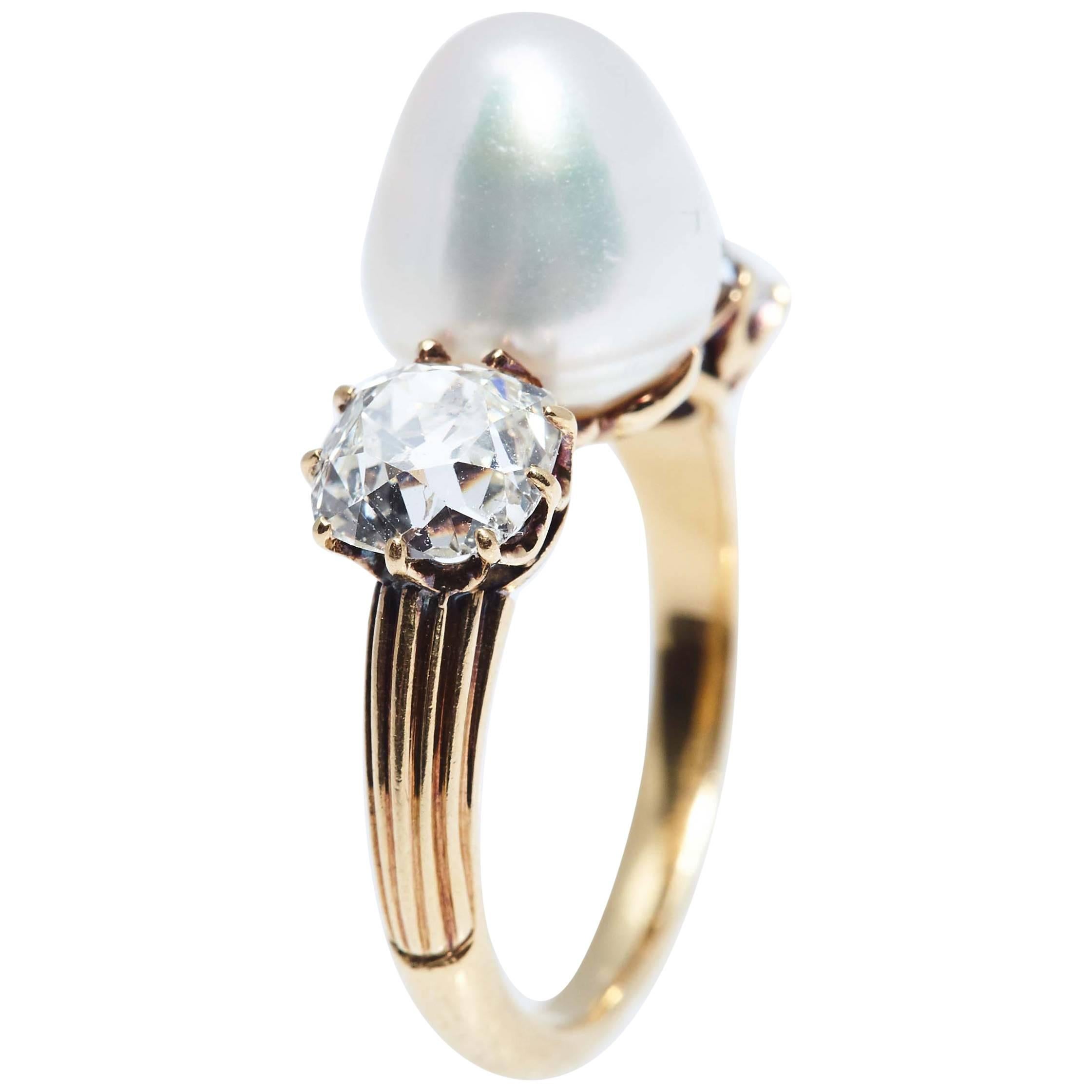 Antique Natural Pearl Diamond Gold Ring For Sale