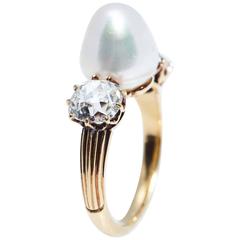 Antique Natural Pearl Diamond Gold Ring