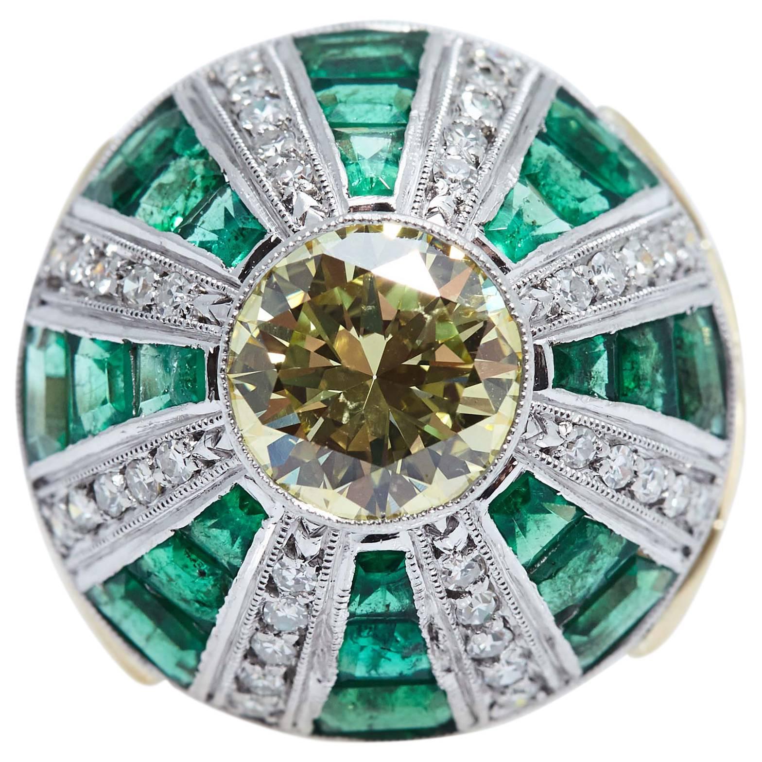 Fancy Yellow GIA 2.62 Carat Platinum Gold Diamond Emerald Ring For Sale