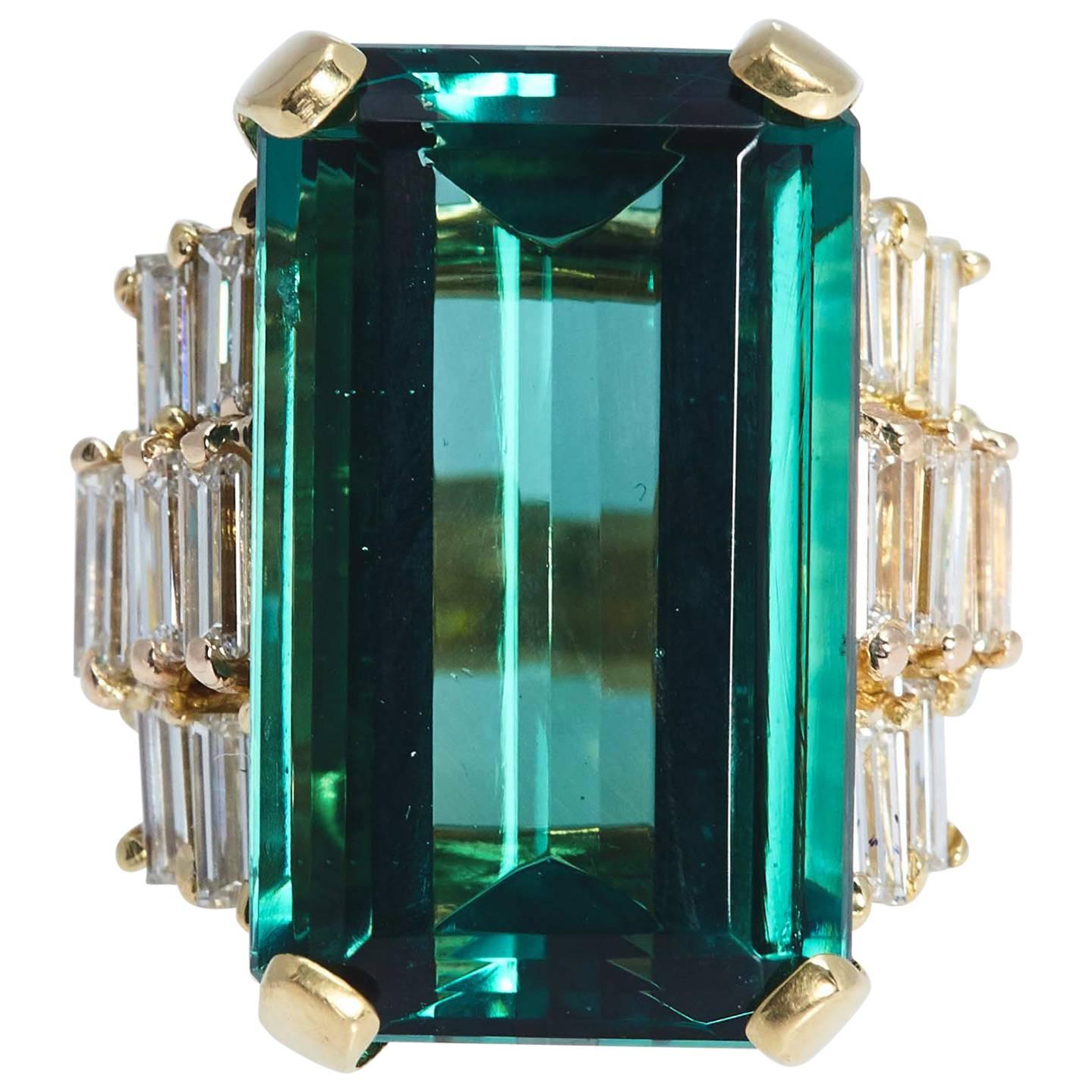 Emerald Cut Tourmaline 22.98 Carat Diamond Gold Ring For Sale